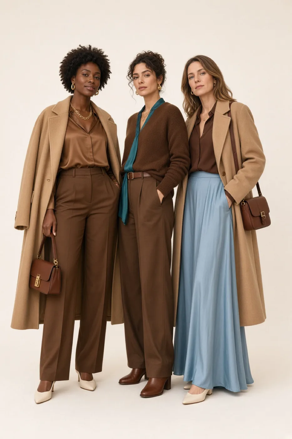 Three women in three different outfits, each built around brown and styled with its companion colors and neutrals