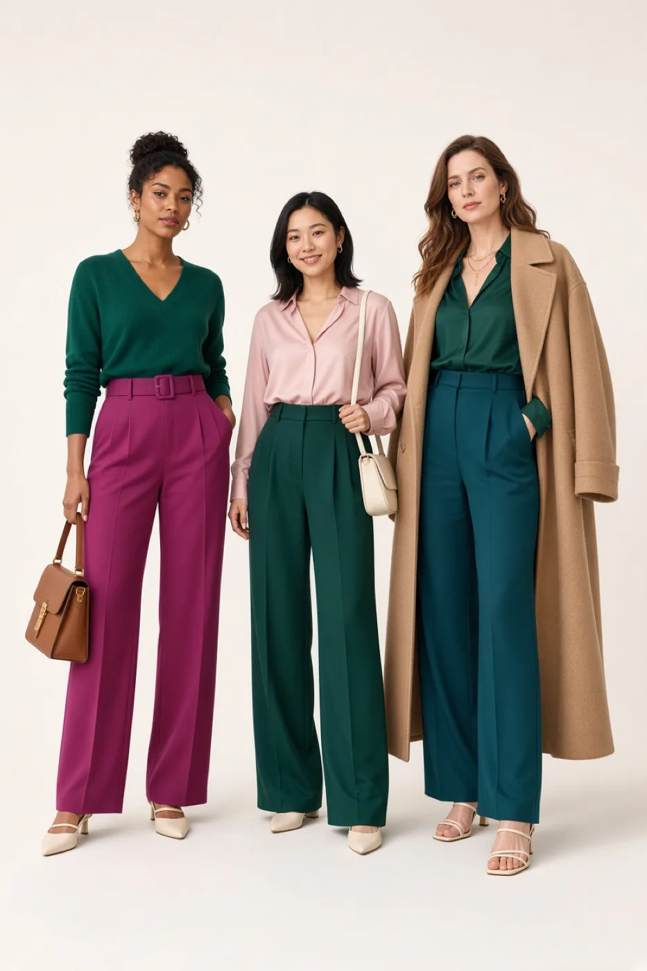 Three women in three different outfits, each built around green and styled with its companion colors and neutrals