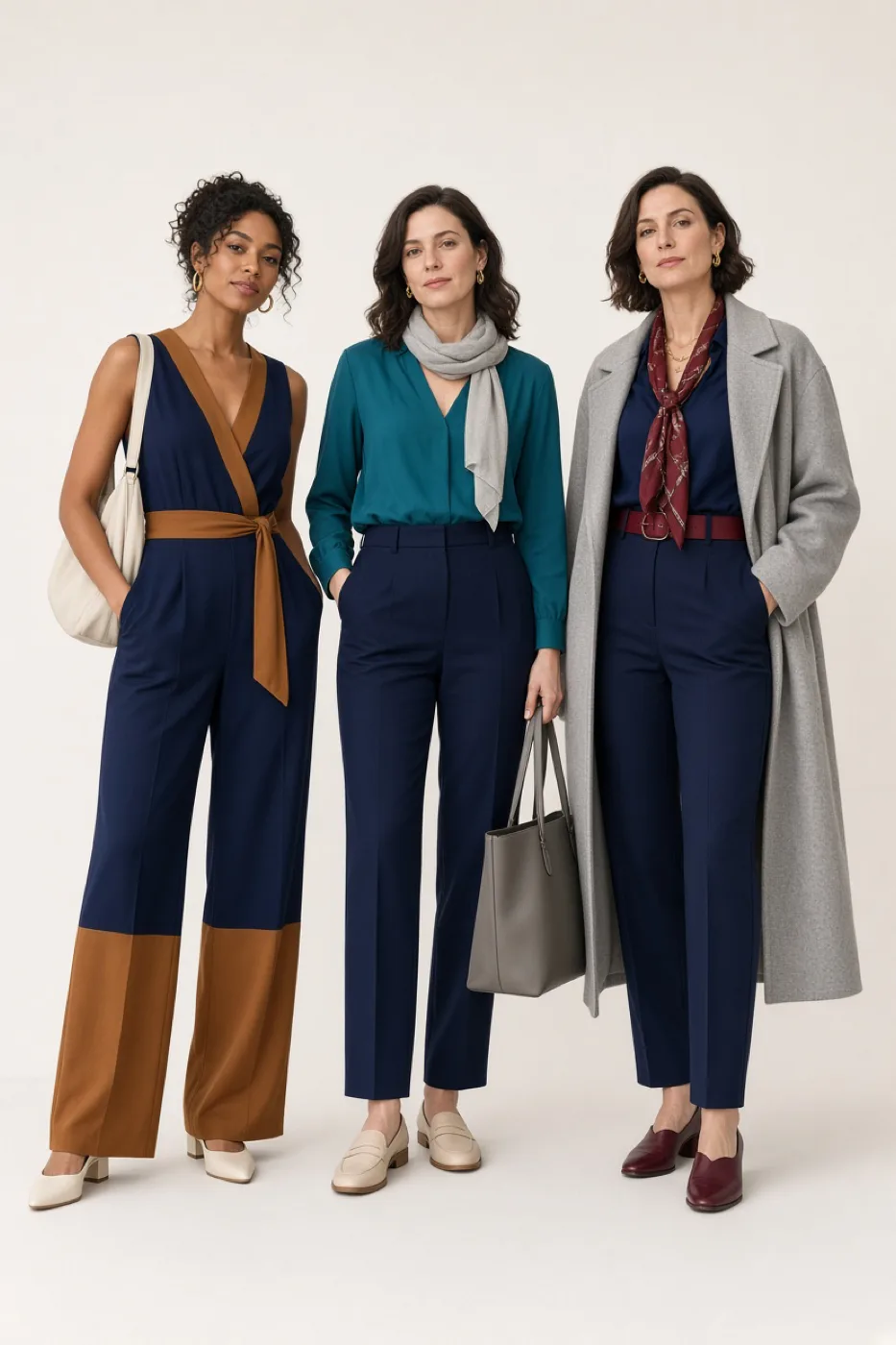 Three women in three different outfits, each built around navy and styled with its companion colors and neutrals