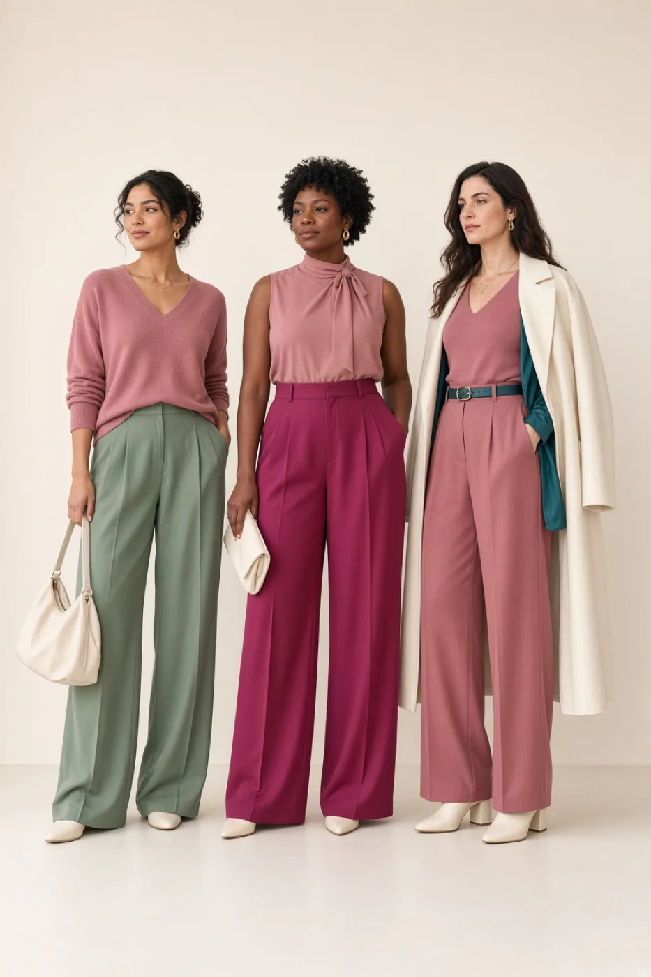 Three women in three different outfits, each built around pink and styled with its companion colors and neutrals