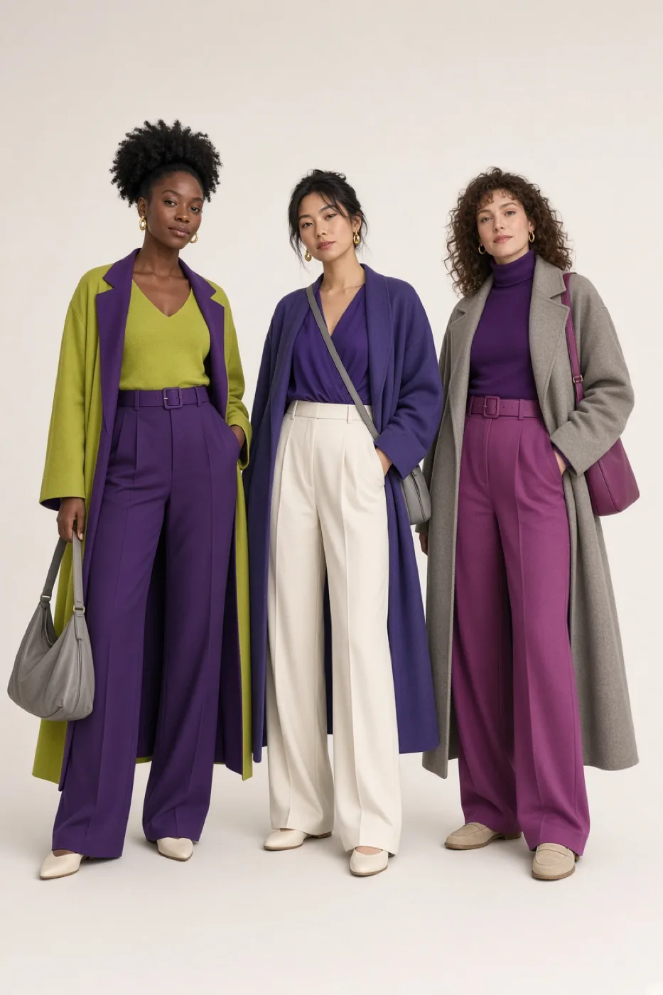Three women in three different outfits, each built around purple and styled with its companion colors and neutrals