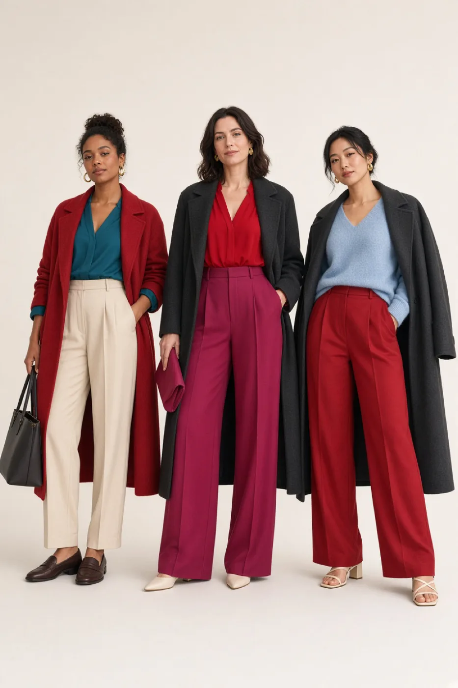 Three women in three different outfits, each built around red and styled with its companion colors and neutrals