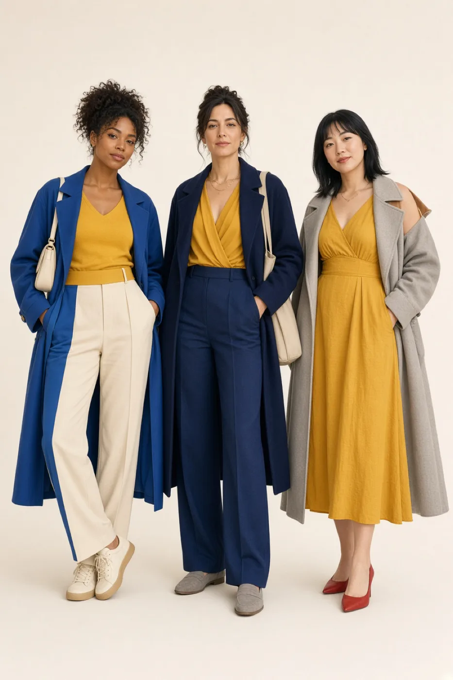 Three women in three different outfits, each built around yellow and styled with its companion colors and neutrals