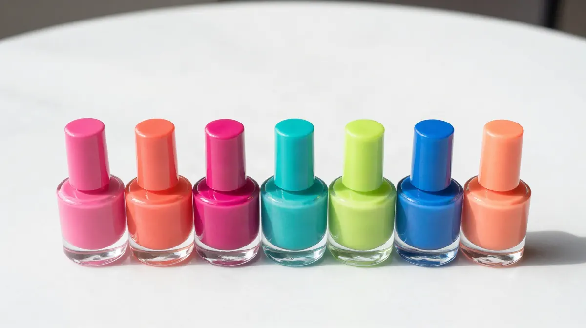 Seven nail polish bottles in a row on white marble in bright daylight: hot pink, coral, fuchsia, turquoise, lime green, blue and apricot