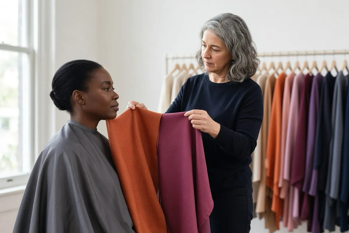 Side view of a color analyst holding a warm rust drape and a cool berry drape together under a seated client's chin; the client wears a neutral gray cape and faces a window.