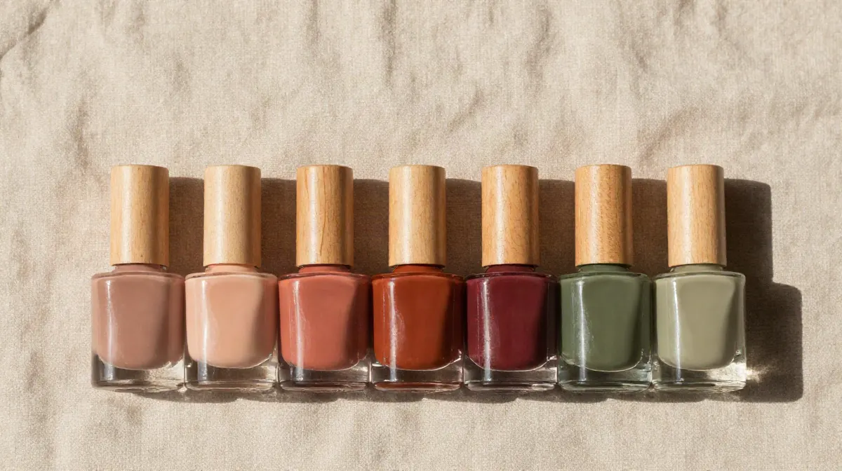 Seven nail polish bottles with wooden caps on a linen cloth in soft daylight: rose beige, peach, terracotta, rust, mulberry, olive green and sage
