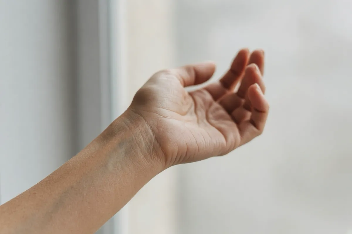 Close-up of a woman's inner wrist and forearm held up toward a window in daylight, with the veins faintly visible through the skin.