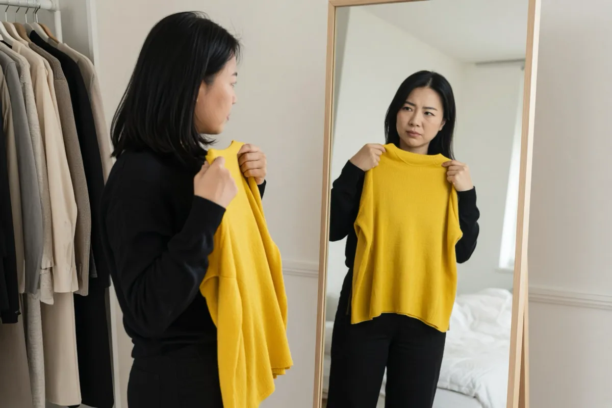 A woman beside a rail of clothes holds a mustard-yellow top up under her chin in front of a full-length mirror, looking doubtfully at her reflection in daylight.