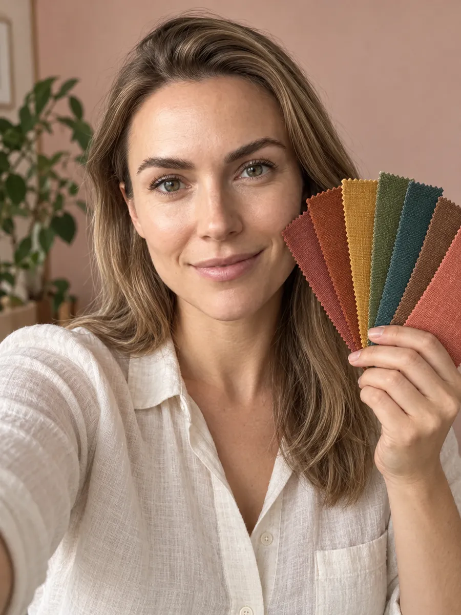 A woman taking a selfie with a fan of fabric color swatches