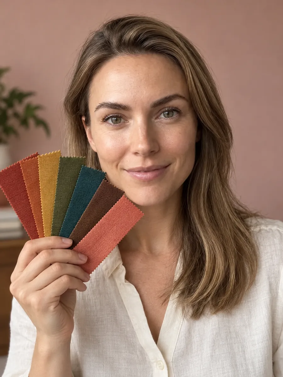 A woman holding a fan of fabric color swatches next to her face