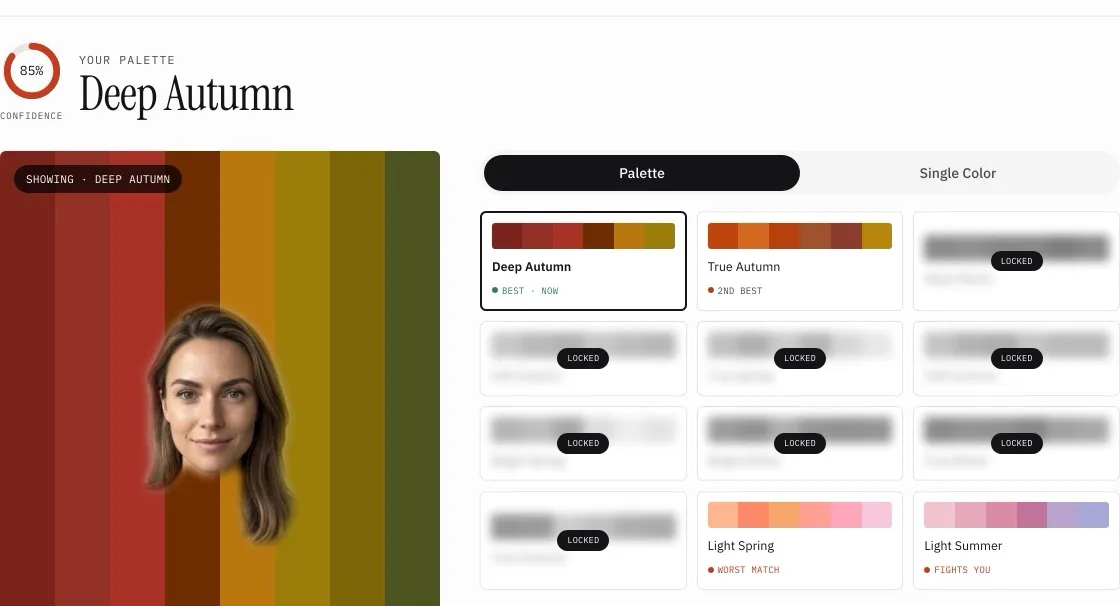 The first page of a Deep Autumn color report, a face draped on the Deep Autumn palette, with all twelve seasons ranked