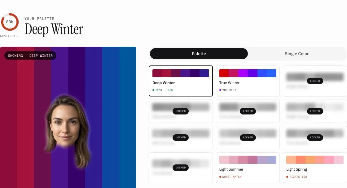 The first page of a Deep Winter color report, a face draped on the Deep Winter palette, with all twelve seasons ranked