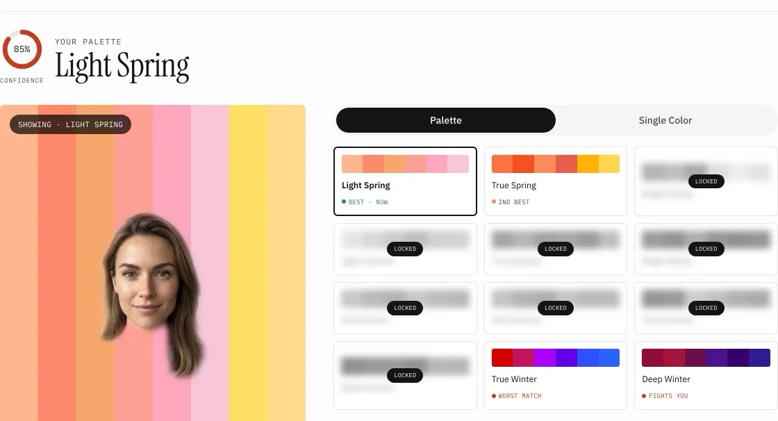 The first page of a Light Spring color report, a face draped on the Light Spring palette, with all twelve seasons ranked