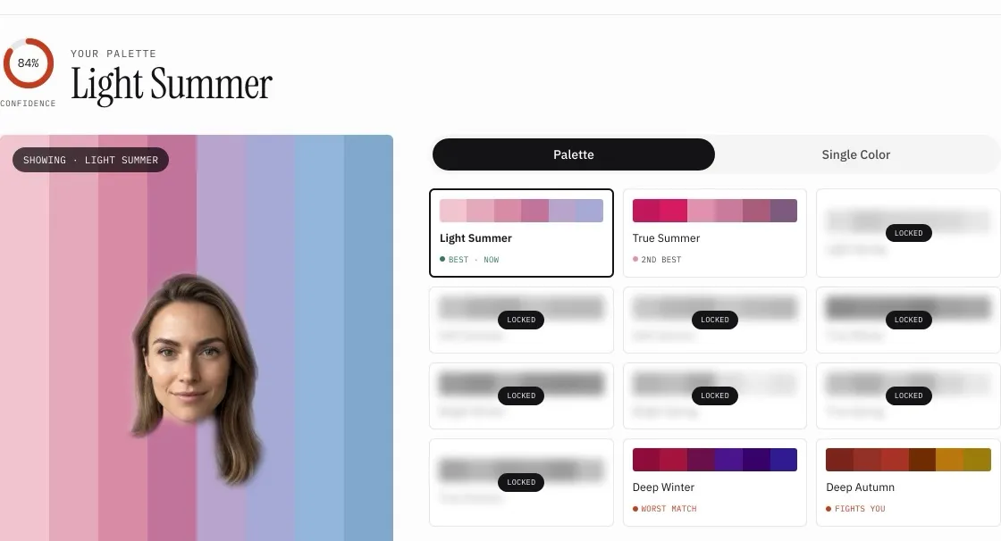 The first page of a Light Summer color report, a face draped on the Light Summer palette, with all twelve seasons ranked