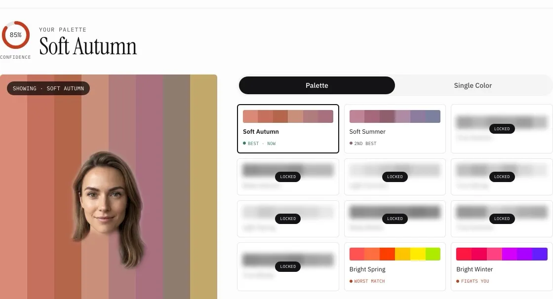 The first page of a Soft Autumn color report, a face draped on the Soft Autumn palette, with all twelve seasons ranked