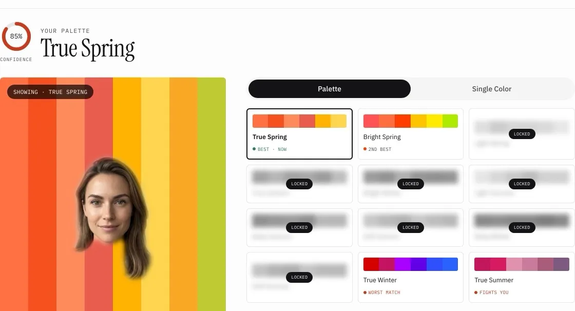 The first page of a True Spring color report, a face draped on the True Spring palette, with all twelve seasons ranked