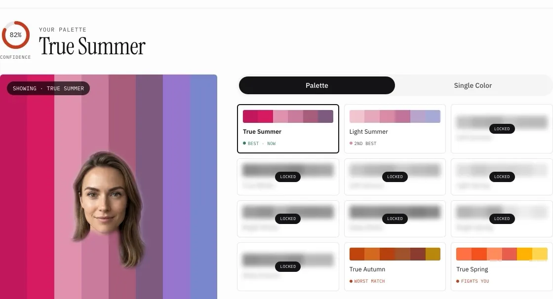The first page of a True Summer color report, a face draped on the True Summer palette, with all twelve seasons ranked