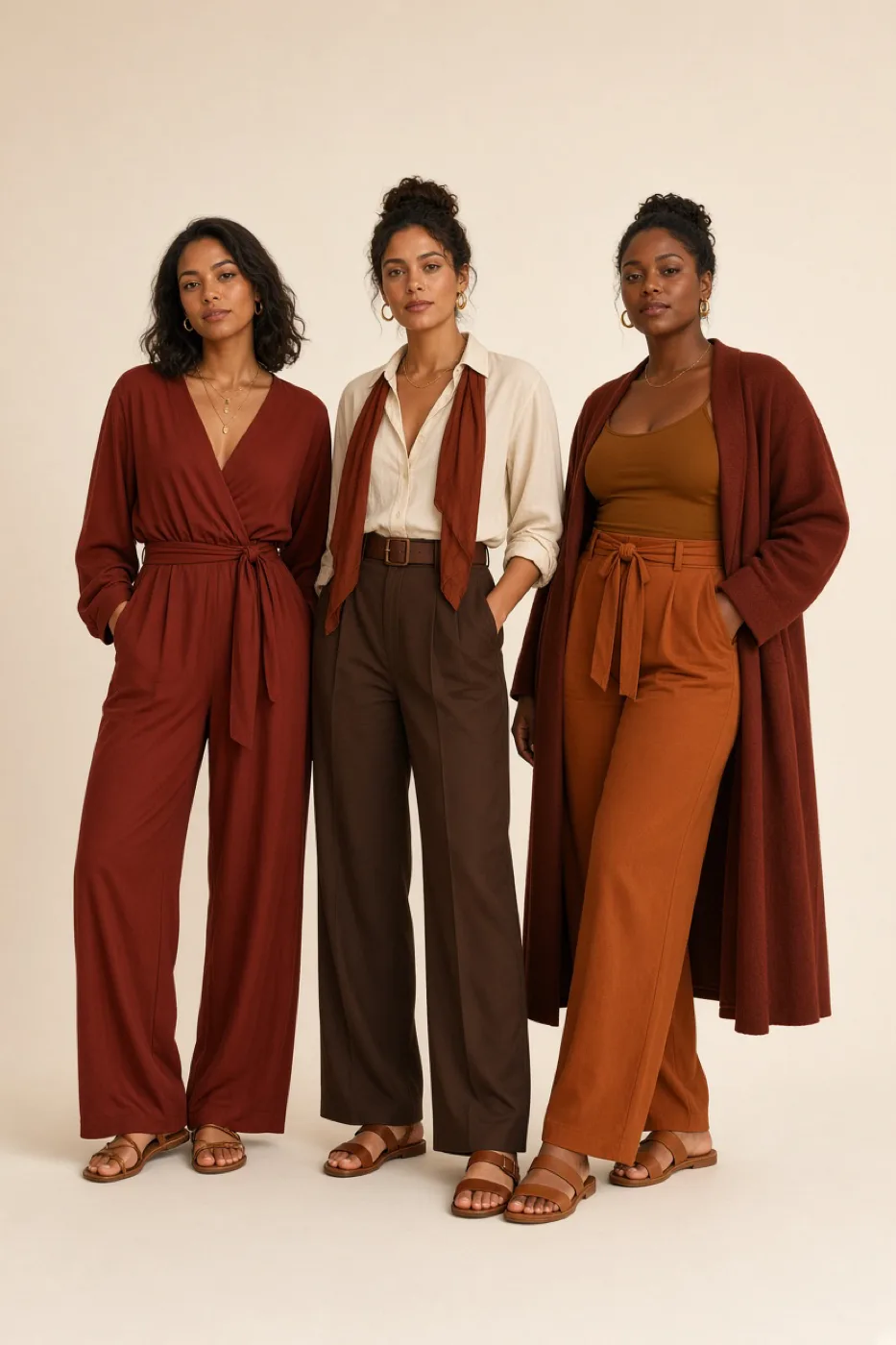 Three women with Deep Autumn coloring, each in a different outfit built from the Deep Autumn color palette