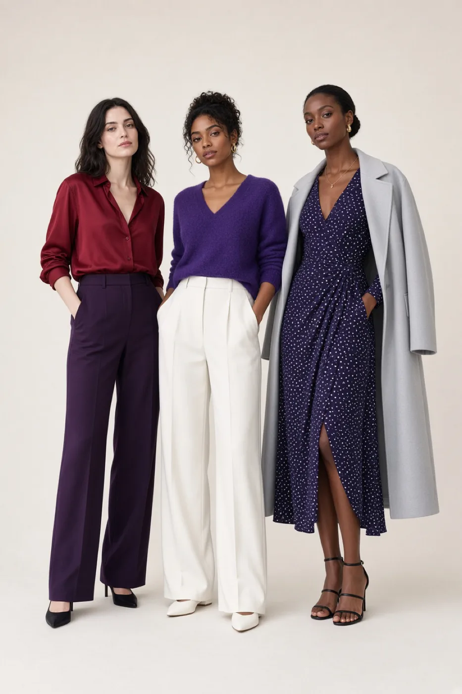 Three women with Deep Winter coloring, each in a different outfit built from the Deep Winter color palette