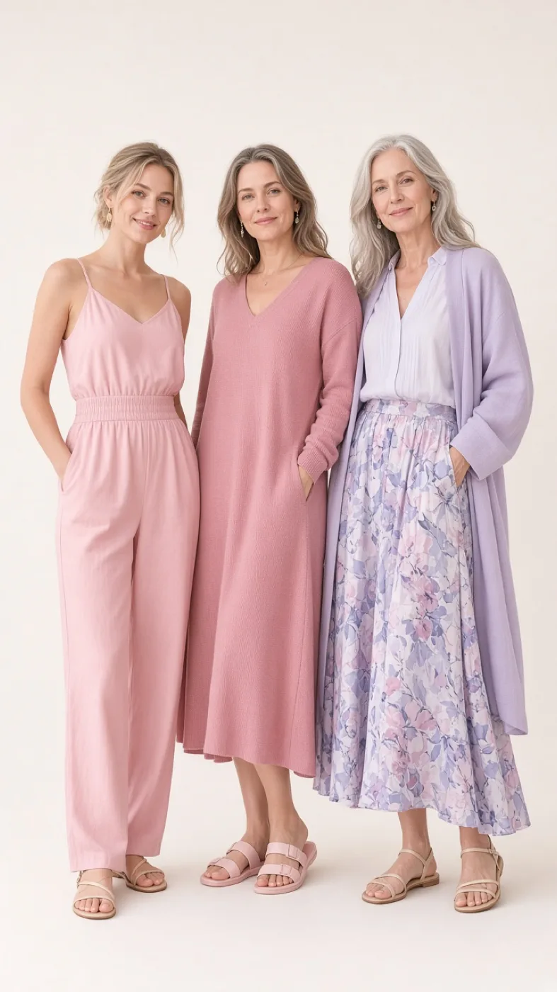 Three women with Light Summer coloring, each in a different outfit built from the Light Summer color palette