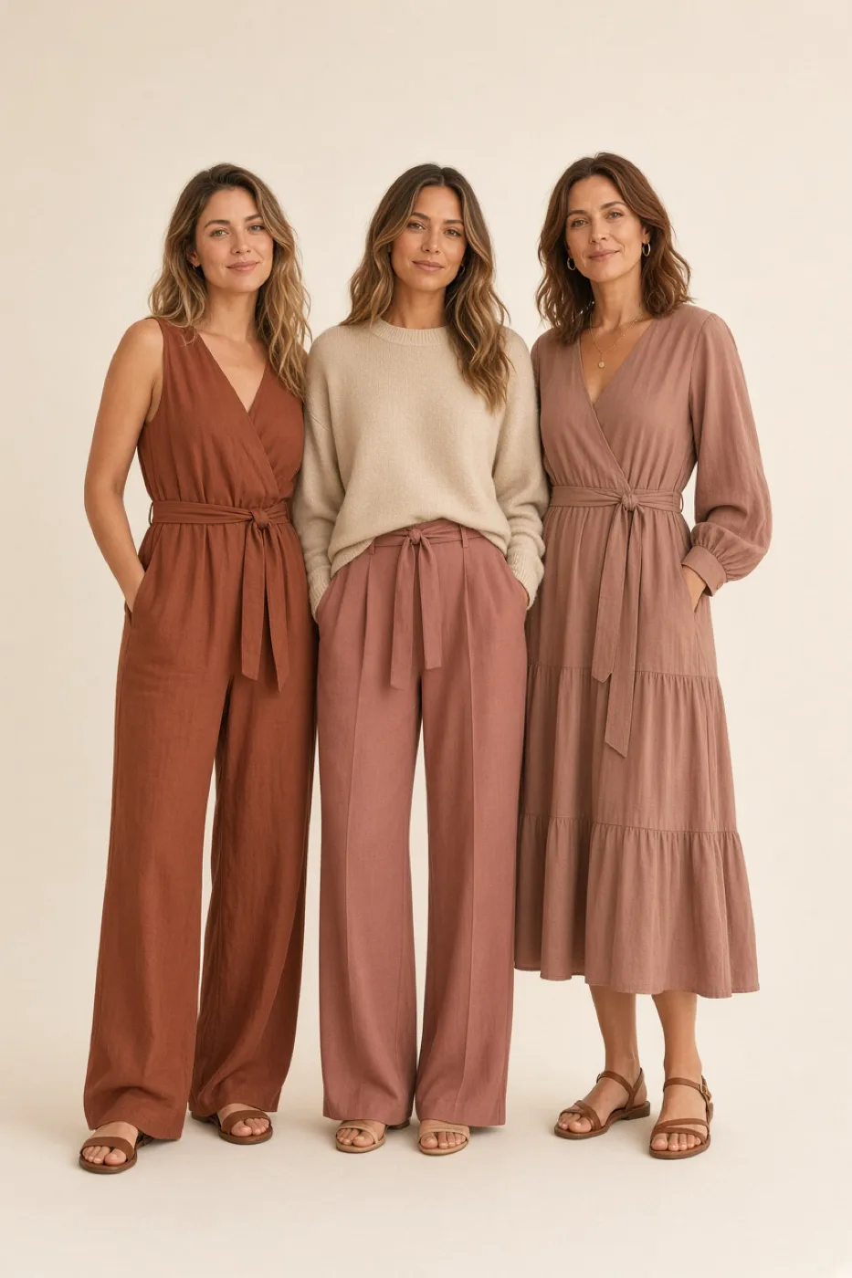 Three women with Soft Autumn coloring, each in a different outfit built from the Soft Autumn color palette