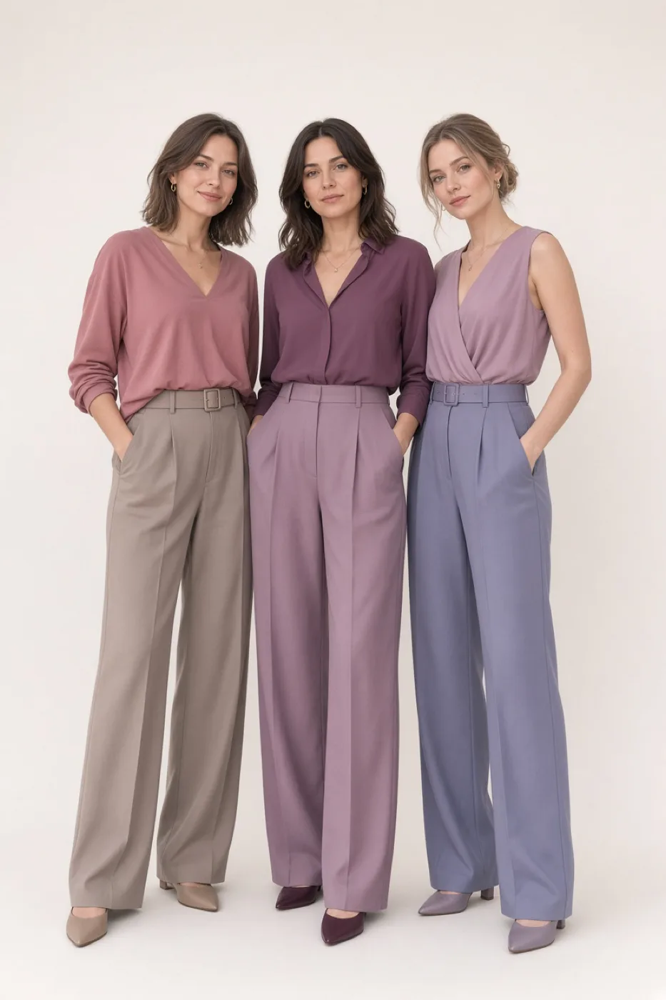 Three women with Soft Summer coloring, each in a different outfit built from the Soft Summer color palette