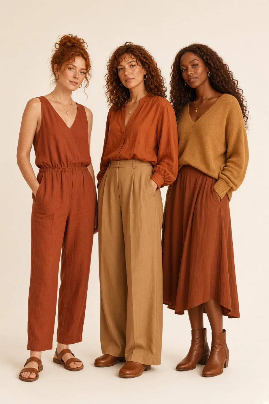 Three women with True Autumn coloring, each in a different outfit built from the True Autumn color palette